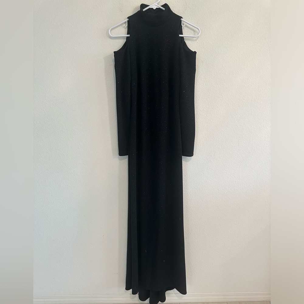 Betsy & Adam Black Cold Shoulder Cocktail Gown